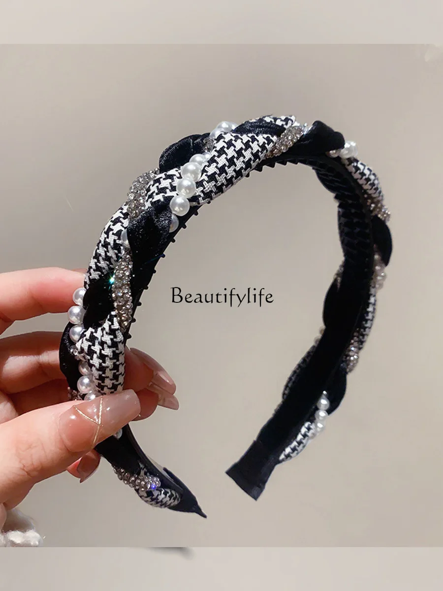 French Style High-Grade Hair Accessories Houndstooth Twist Rhinestone Pearl Headband Non-Slip Hairpin