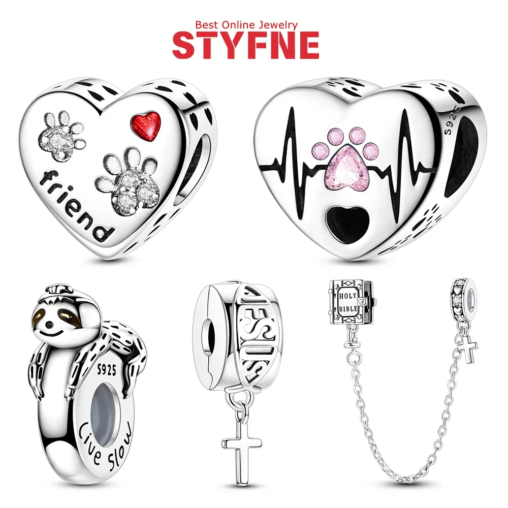 

925 Silver Heart Shaped Cute Claw Sloth Cross Bible Beads Gold Zircon Clover Claw Printed Charm Fit Bracelet Jewelry Gift Making