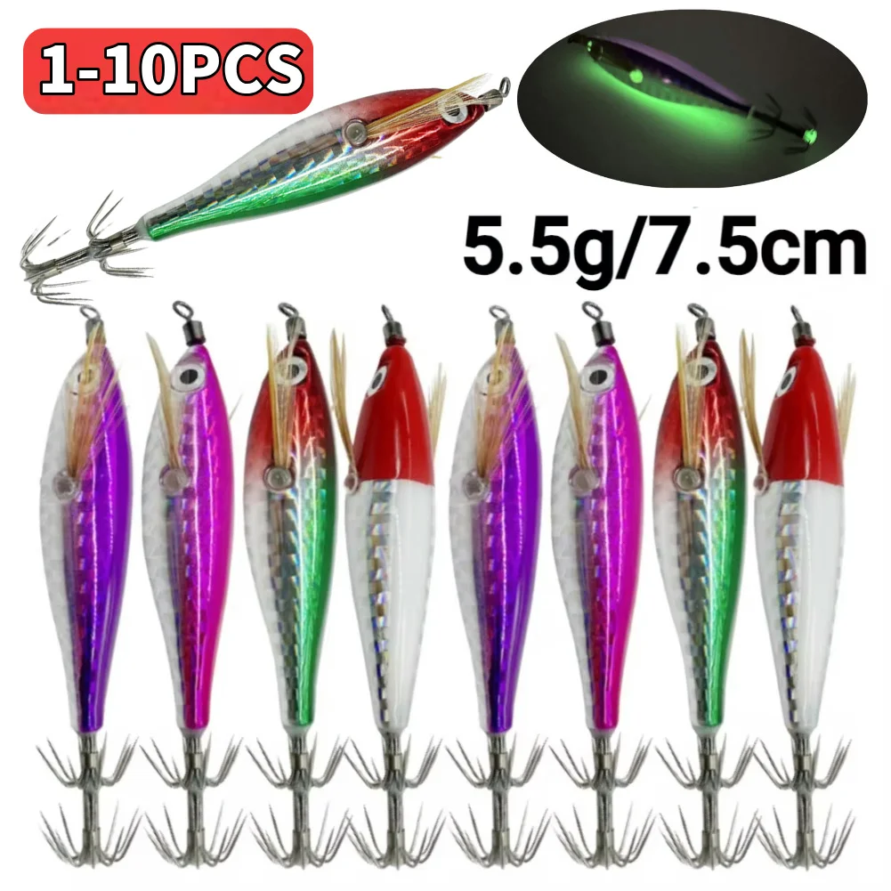 1-10Pcs Squid Jig Hook Fishing Lure Luminous Artificial Fake Octopus Lures Wood Shrimp Cuttlefish Hard Bait Sea Jigs Tackles