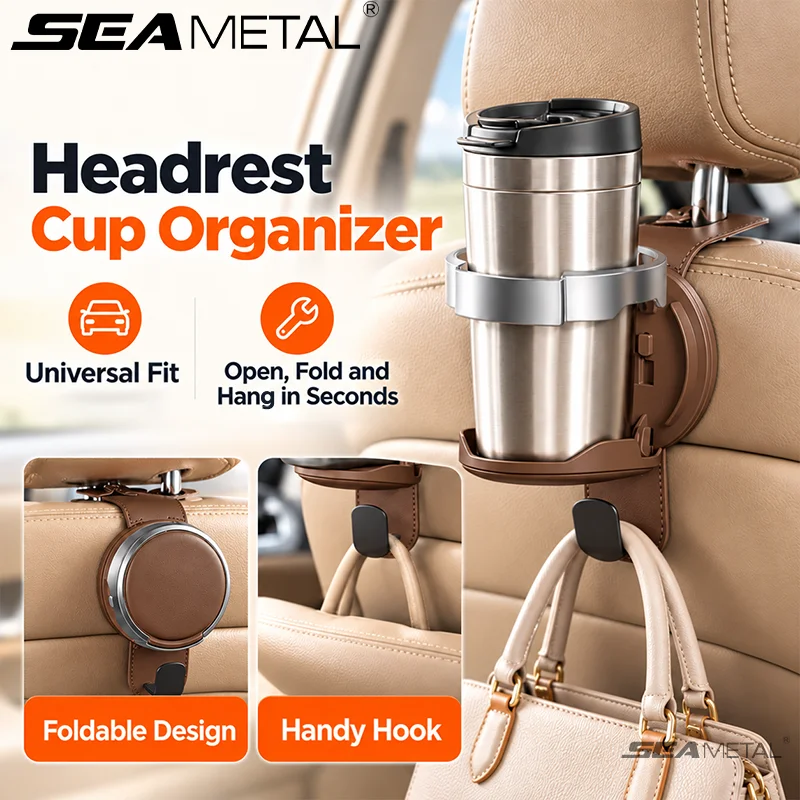SEAMETAL Car Headrest Cup Holder Foldable Seat Back Water Bottle Drink Bracket Hanging Hook Storage Organizer Interior Accessory