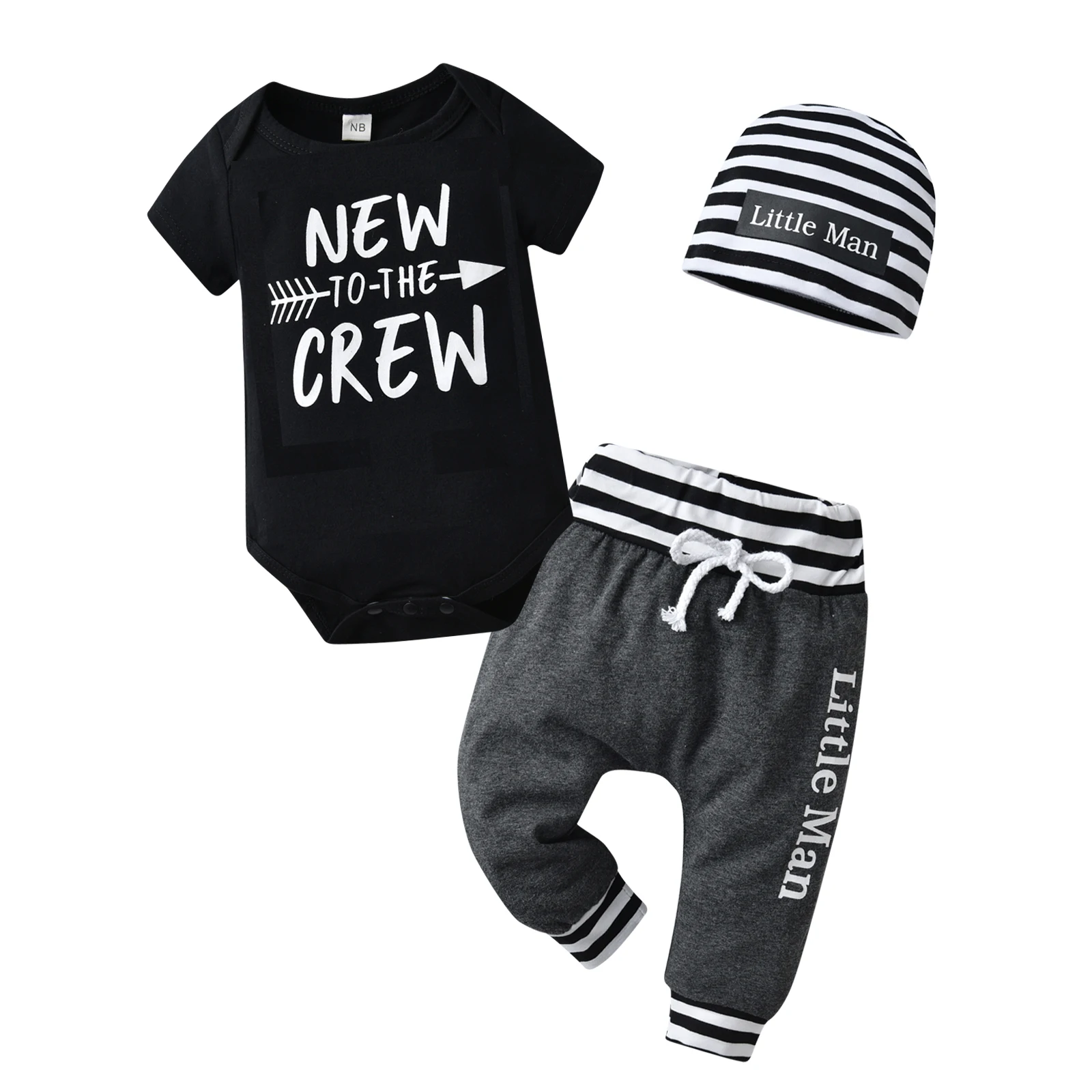 3pcs infant Baby Boy Cotton Clothes Set Summer Short Sleeve Romper Top Long Pants with Striped Hat Fashion Newborn Outfit