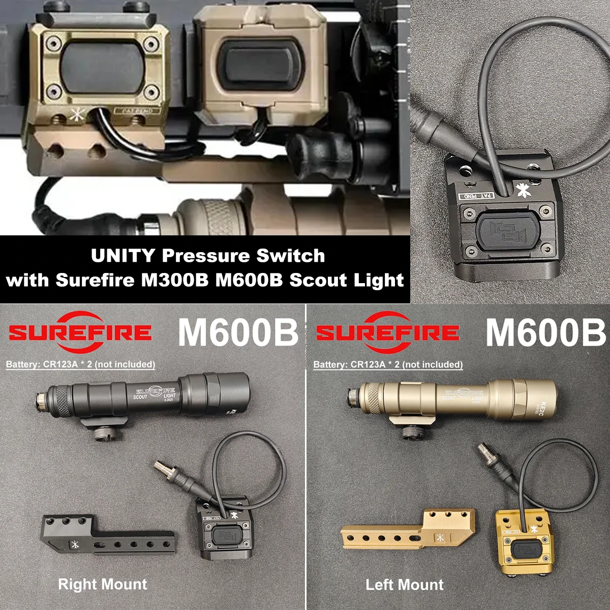 Tactical UNITY Pressure Switch with Surefire M300B M600B Scout Light Metal Flashlight Airsoft Lamp Hunting Rifle Fit 20mm Rail