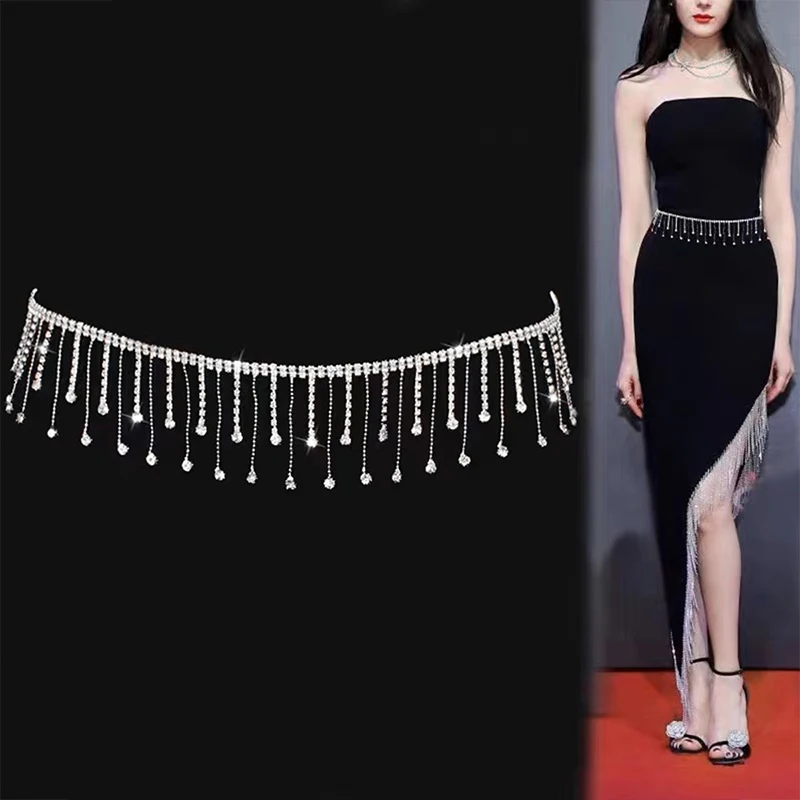 Rhinestone wąski łańcuszek w talii damski pełny diament dekoracyjne akcesoria do sukni ślubnej pasek do sukni frędzle spódnica do tańca brzucha