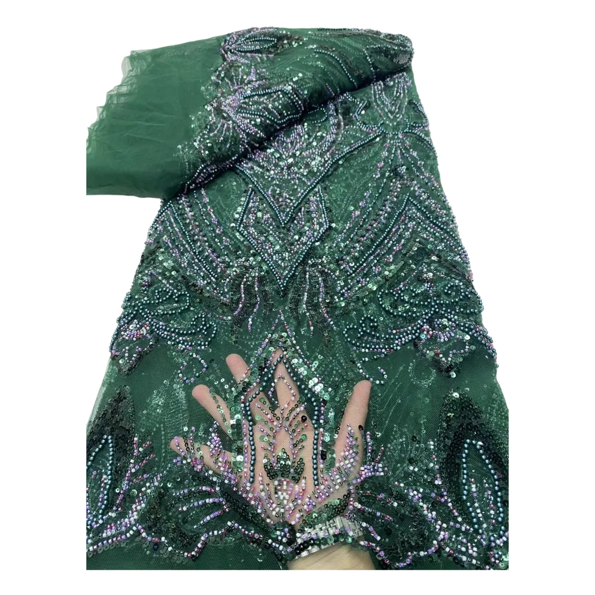 

Green Handmade Wedding Beaded Fabric Sequins Crafts Lace For Wedding Dress Cloth Materials