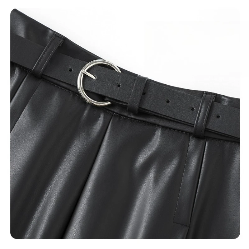 Séoulish automne hiver PU cuir femmes parapluie jupes longues avec ceinture 2025 nouveau Vintage taille haute ample a-ligne jupe femme