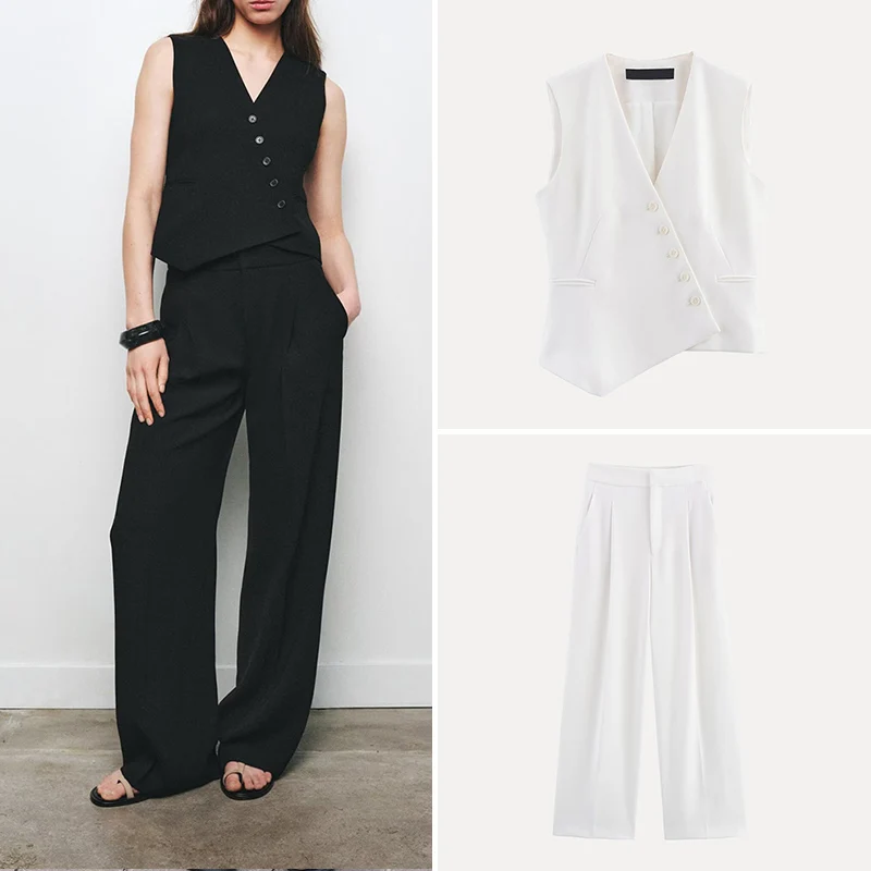 مجموعة أزياء ربيع 2025 للنساء: بنطلون واسع الأرجل بخط عنق على شكل حرف V، ألياف بوليستر، ستايل جديد 39، سترة 38047، بنطلون ...