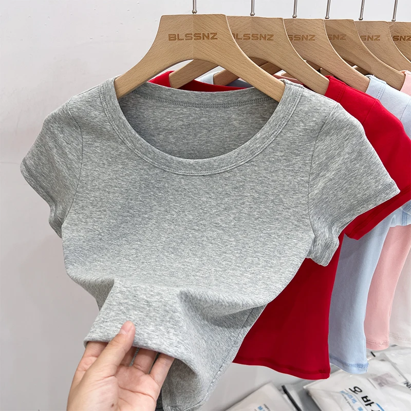 

2026 Women Short Sleeve T-shirts Casual O Neck Solid Slim Tee Summer Sexy Basic Crop Top Simple T Shirt Female Y2K Tops Clothes
