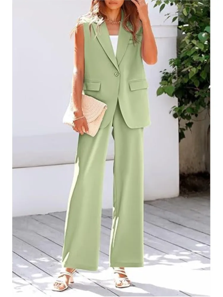 ผู้หญิงที่สง่างามชุดสองชิ้นชุดเสื้อกั๊กกางเกงชุดฤดูร้อนใหม่คอวีแขนกุดเสื้อสูท + กางเกงขากว้างชุดชุดหญิง