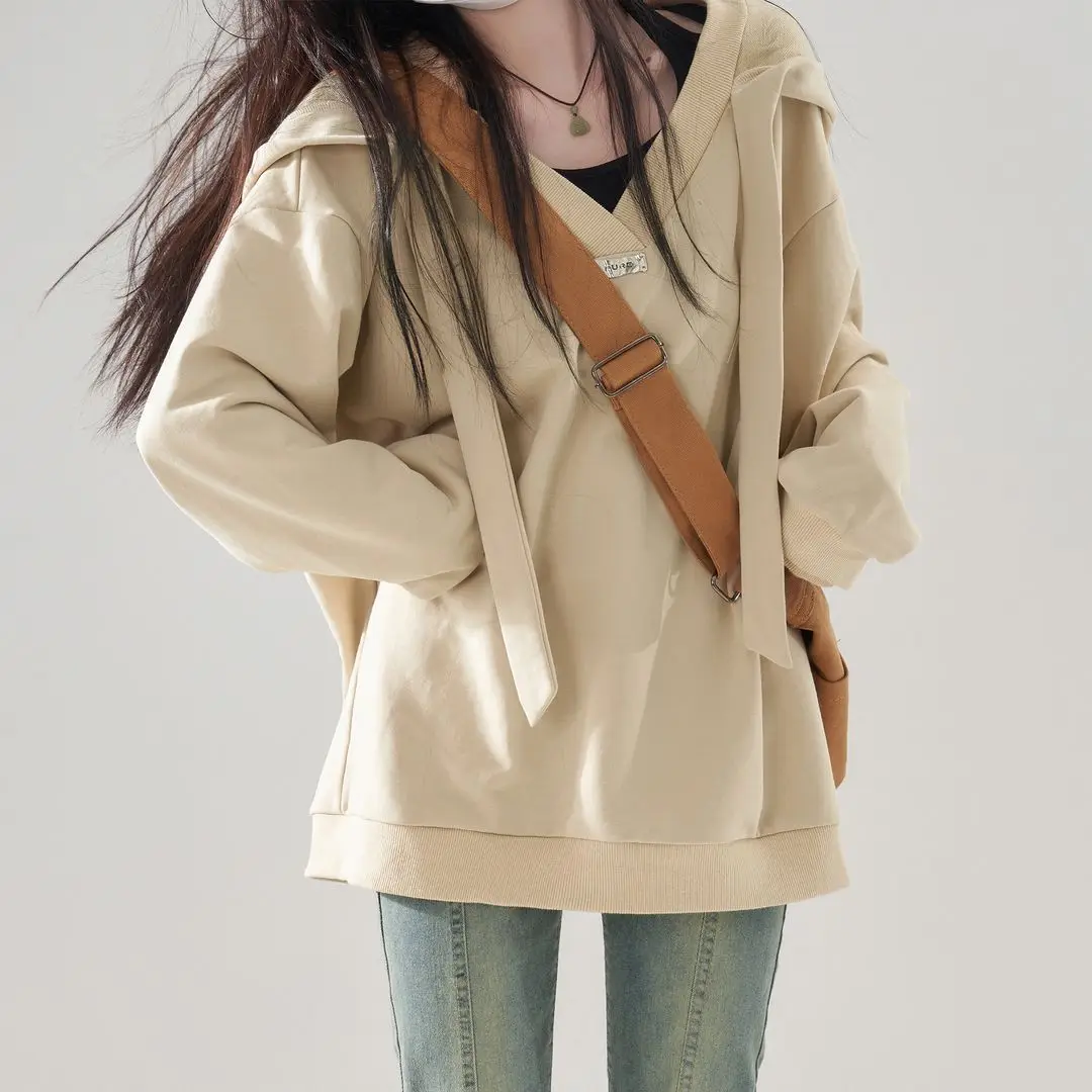 Autumn Winter Long Sleeve Women Hooded Sweatshirt Teenagers Korean Fashion Simple Harajuku Oversized Clothing Campus Daily Khaki