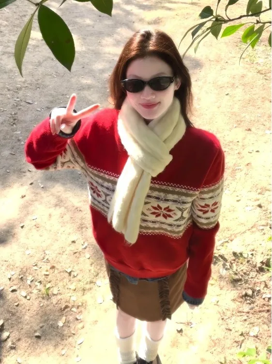 

Red Knitted Sweater Women's Autumn Winter 2026 New Lazy High-End Feeling Fair Isle Long Sleeve Top Christmas New Year