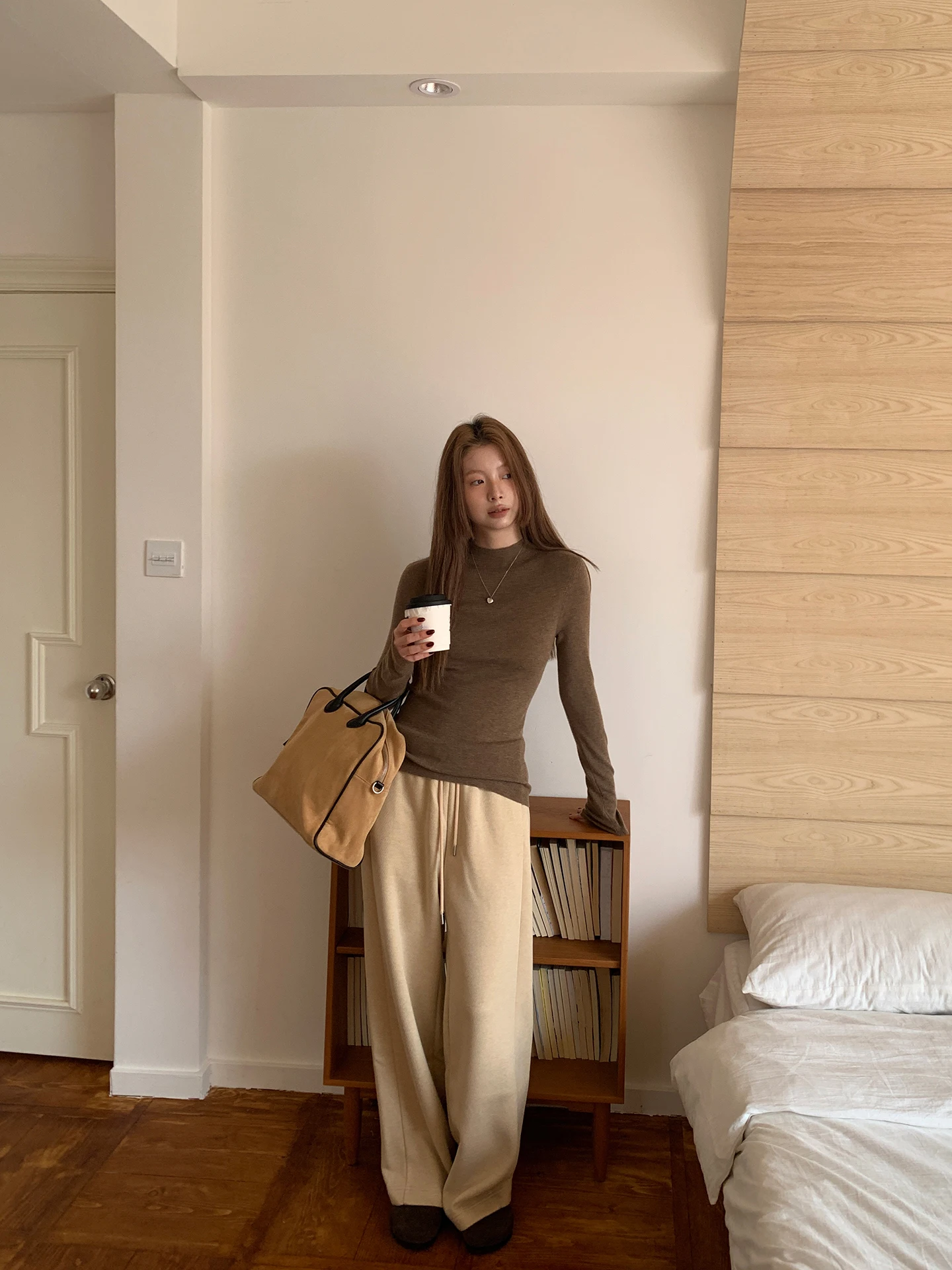 بنطلون نسائي واسع الساق بخصر مرتفع، تصميم فضفاض كاجوال مبطن بالصوف، بنطلون مستقيم الساق بأسلوب عملي من ألياف البوليستر #5