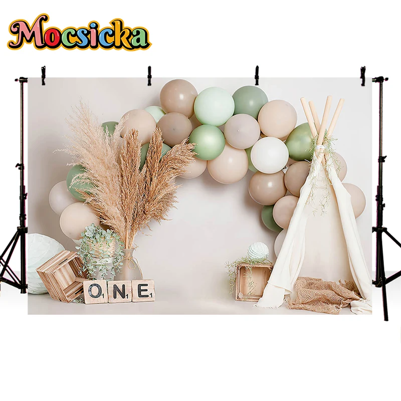 Bohemia Pampas Grass Tents Newborn Cake Smash Photography Backdrops Boho Balloons Decor Baby Girl 1st Birthday Photo Background