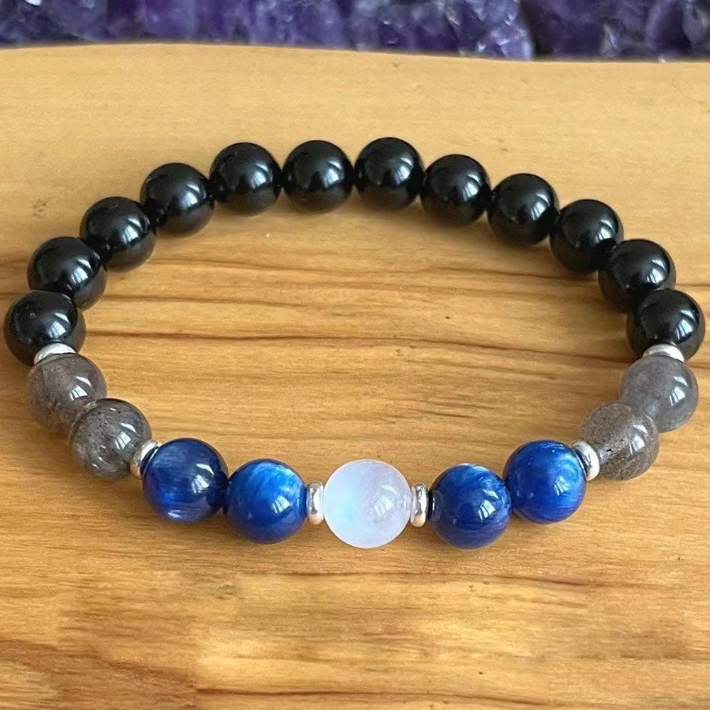 Ruberthen 8 MM AAA Grade Blue Kyanite Labradorite Moonstone Black Tourmaline Bracelet Negative Energy Protection Wrist Mala