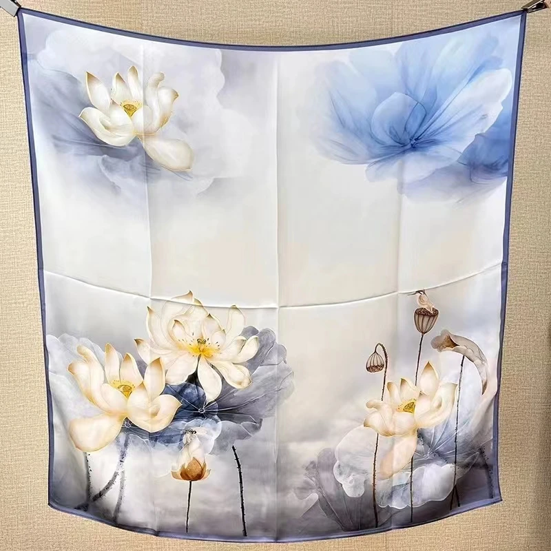 BYSIFA|China Style Lotus Blue White Women100% Silk Scarf Hijab Cape Bandana Fall Winter Large Square Head Scarves Shawls 90cm