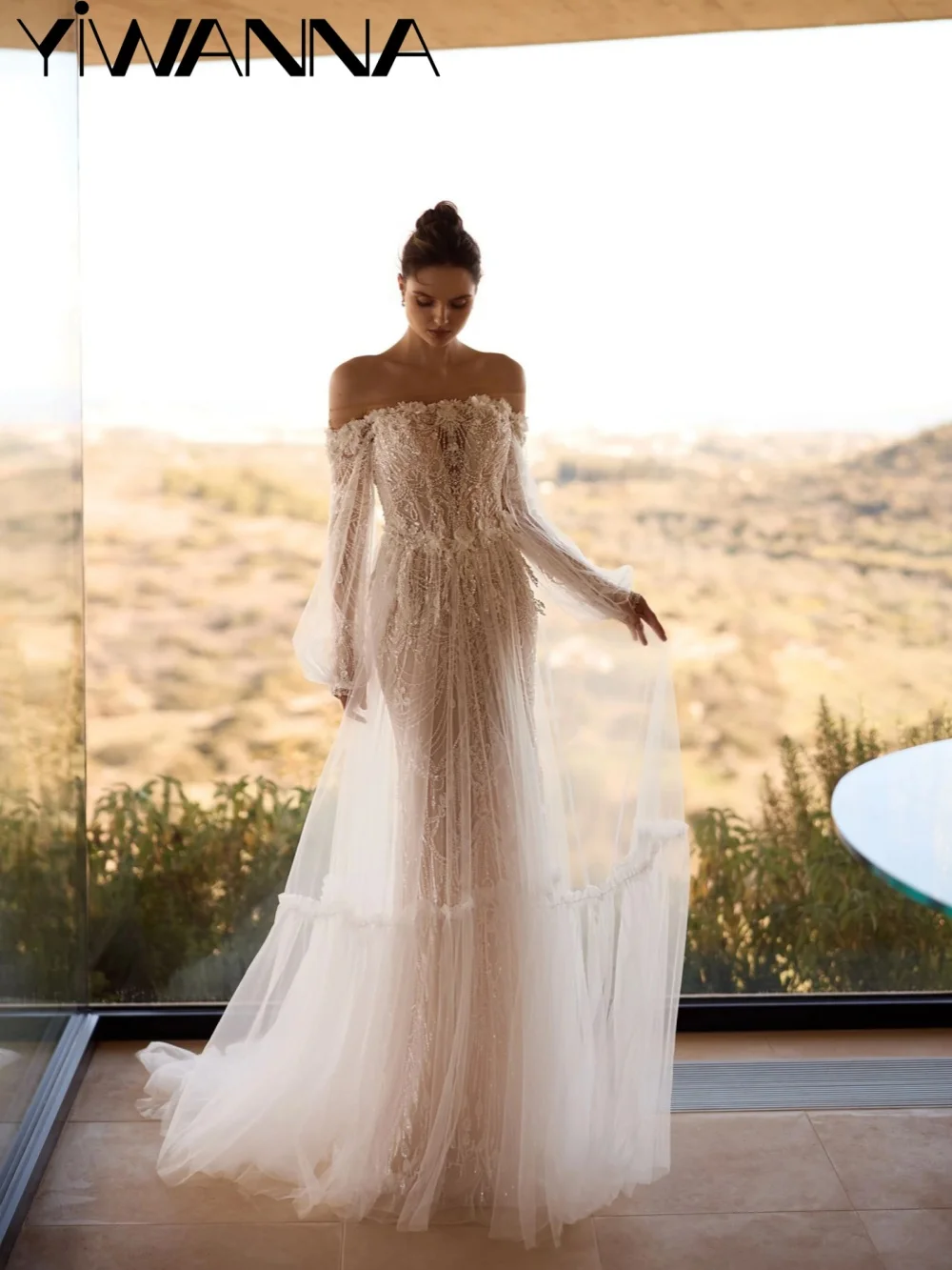 

New Ivory Beaded Long Wedding Dress Handmade 3D Floral Off Shoulder Bridal Gown Customized Dreamy A-line Dresses For Bride