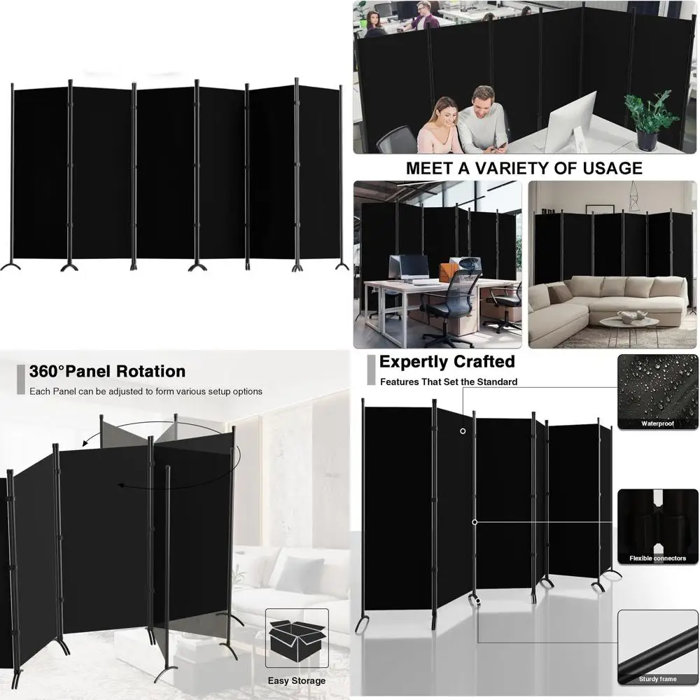 

6-панельный черный экран для конфиденциальности с портативной стальной рамой и креплением на липучке для дома, офиса, класса и совещаний