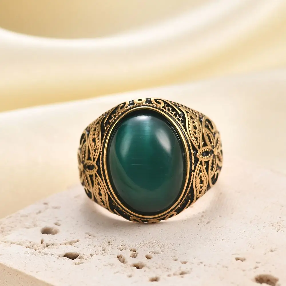 22MM Artificial Cat Eye Stone Stainless Steel Ring for Men Women Fashionable Retro Turquoise Cracks Ring Exquisite jewelry Gift