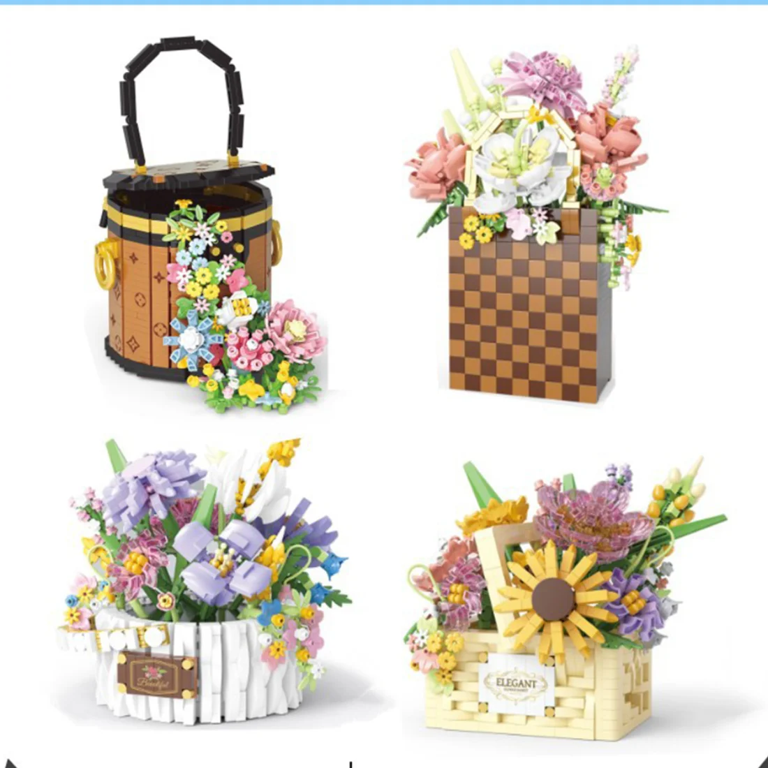 DIY Creative Bag Eternal Flower Building Block Plants Eternal Flower 3D Model Bricks Toys Rose Basket For Home Decoration Gift