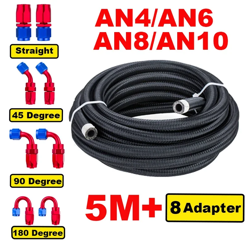 16FT 5M AN4 AN6 AN8 AN10 Stainless Braided Nylon CPE Oil Fuel Fitting Hose End 0+45+90+180 Degree Oil Adaptor Kit Oil Fuel Hose