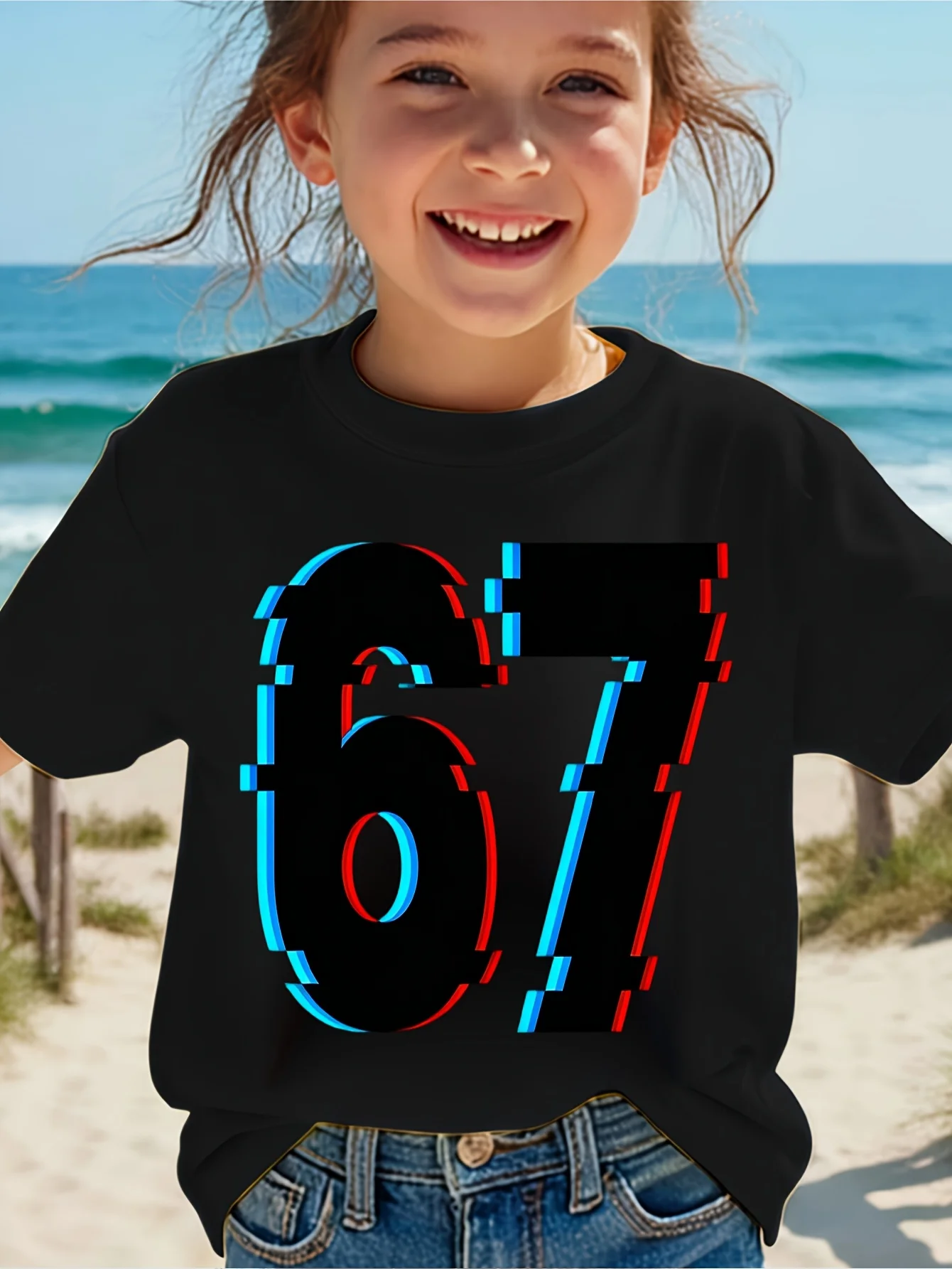 Cute Glitch Number 67 3D Effect Graphic Family Matching T Shirt Boys Girls Short Sleeve Tees Parent Kid Same Summer Tops