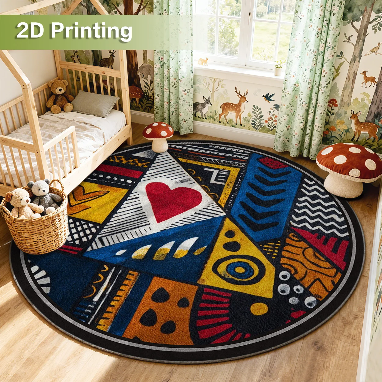 2d Printed Black Colorful Geometric Patchwork Round Area Rug Non Slip Floor Mat For Pop Art Style Room Decor Gift