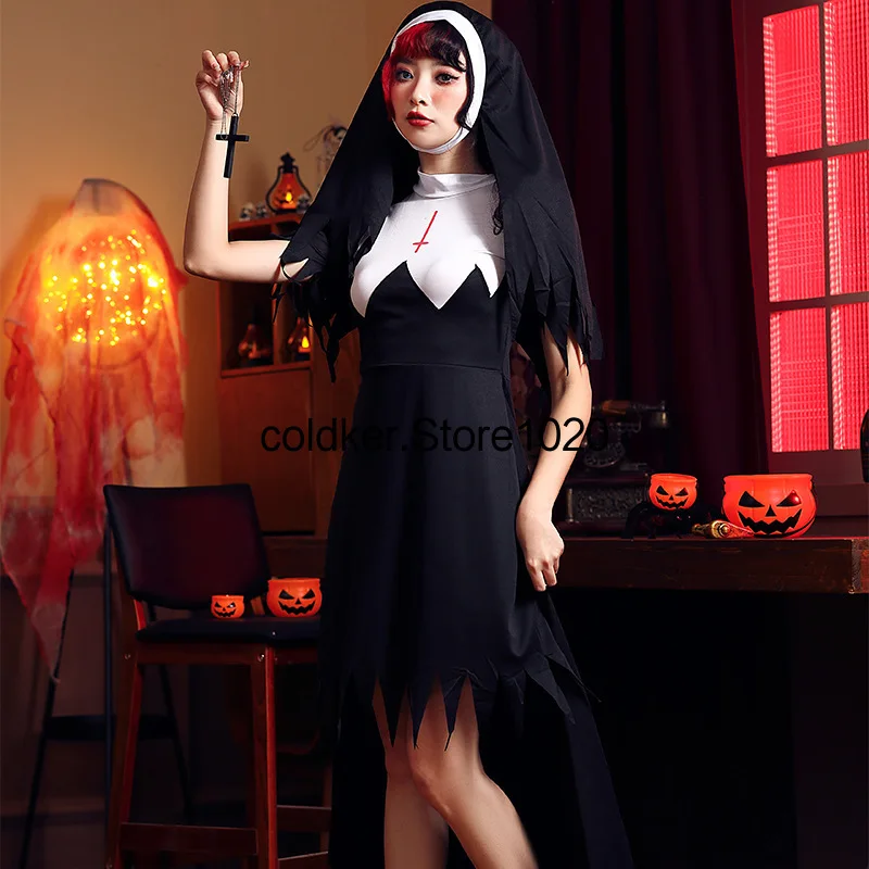 S-XXL Women's Halloween Religious Nun Costume Zombie Devil Cosplay Costume Adult Sexy Irregular Anti Cross Long Dress For Women