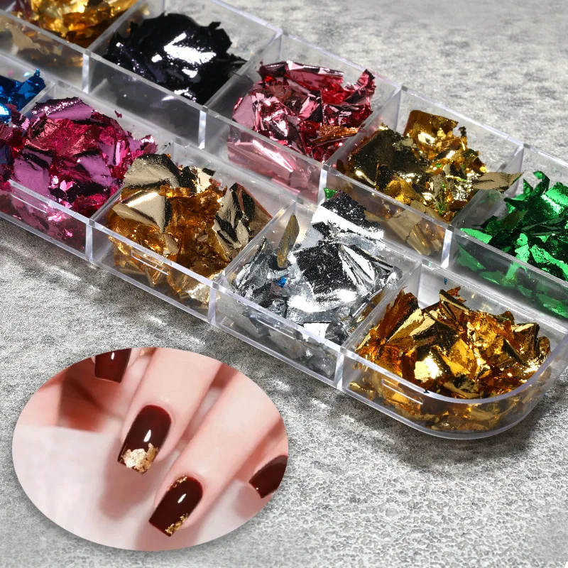 12Color Golden Foils Gorgeous Nails Glitter Aluminum Flakes Paillette Chip Nail Design Shinny Sparkles Nail Art Decoration