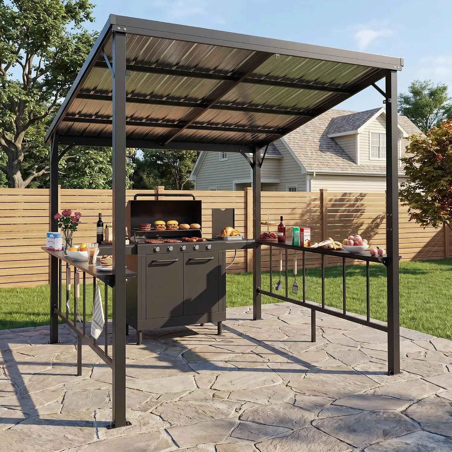 8x8 FT Hardtop Grill Gazebo with Side Shelves & Hooks for Outdoor Patio, Customized