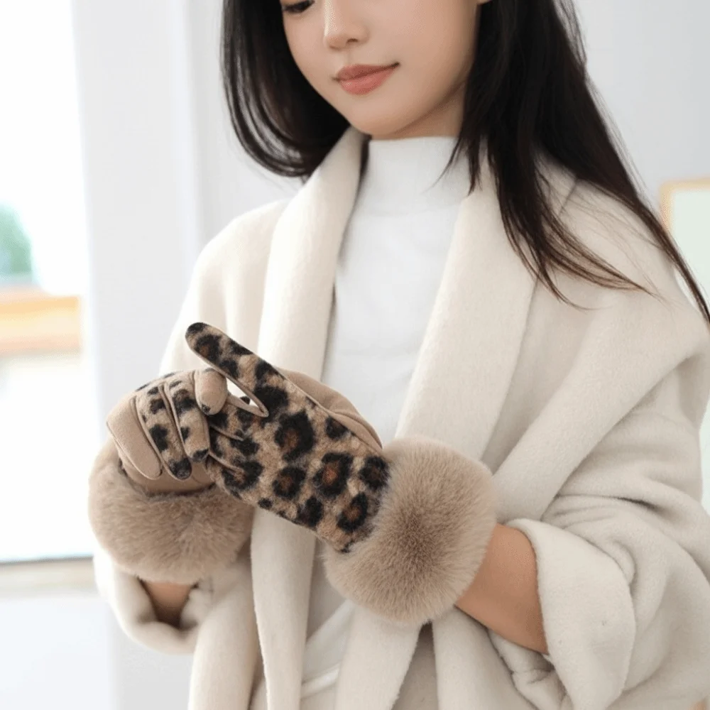 ถุงมือกำมะหยี่ลายเสือดาวแบบหนา ถุงมือผู้หญิงแบบเต็มนิ้ว อุ่น กันลม ถุงมือหนังกลับสำหรับฤดูหนาวและฤดูใบไม้ร่วง