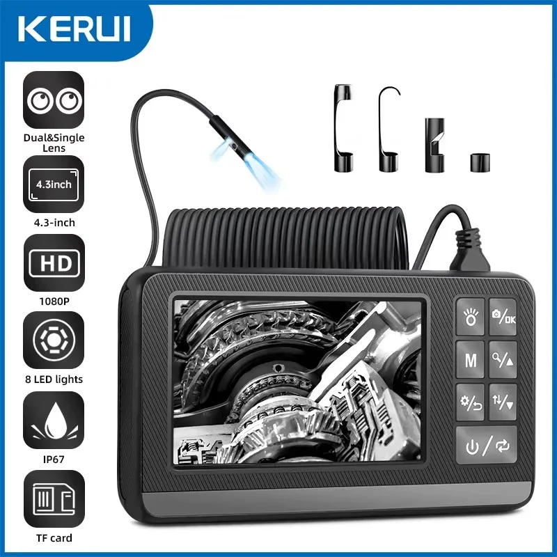 KERUI Dual Lens Industrial Endoscope Inspection Camera 4.3" LCD With Light HD 1080P IP67 Waterproof Borescope LED Sewer Car