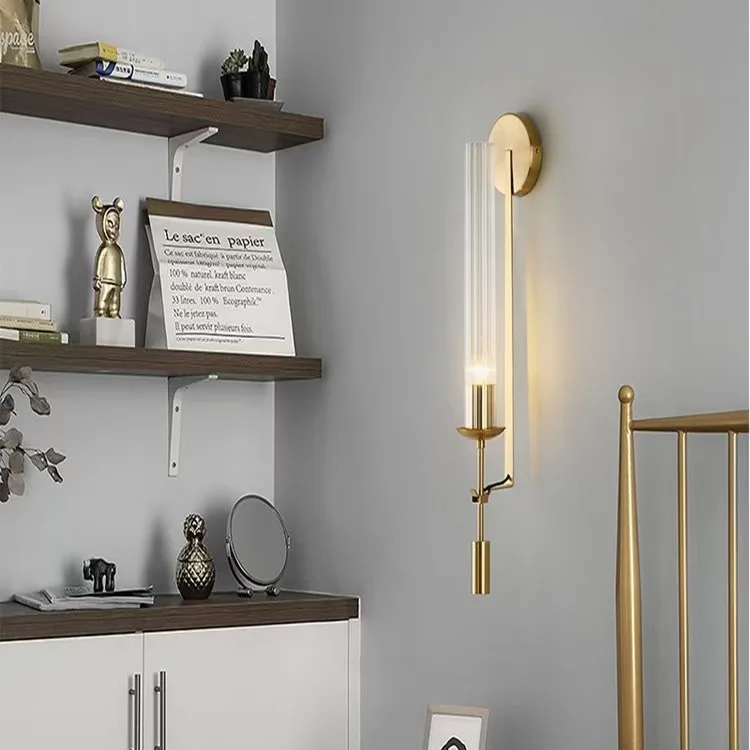 

Postmodern Wall Lamp Full Copper for Living Room Hotel Villa Bedroom Lighting Corridor Brass Long Rod Copper Wall Light Decor