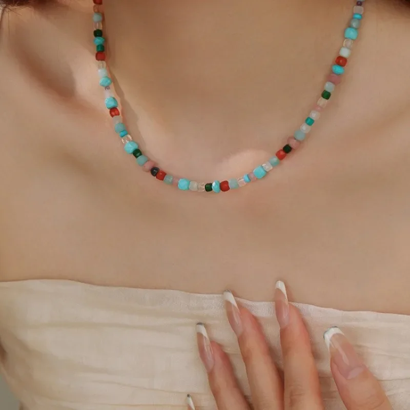 

Dopamine Color Beaded Necklace Neck Chain Crystal Agate Clavicle Chain Light Luxury Premium Natural Stone Summer Necklace