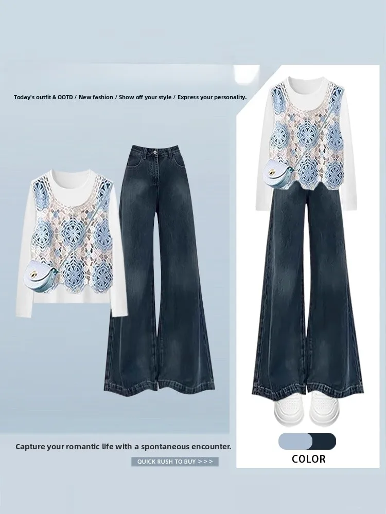 

Модный осенний комплект для женщин: футболка и жилет, прямые джинсы, повседневная одежда, для фигуры типа «груша», с длинным рукавом