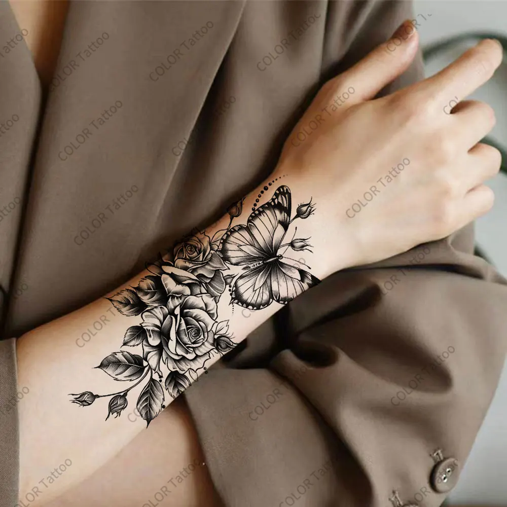 1 قطعة ملصقات الوشم زهرة واقعية للنساء الذراع الجسم ديكور مقاوم للماء فراشة الوشم المؤقت المتاح الوشم وهمية