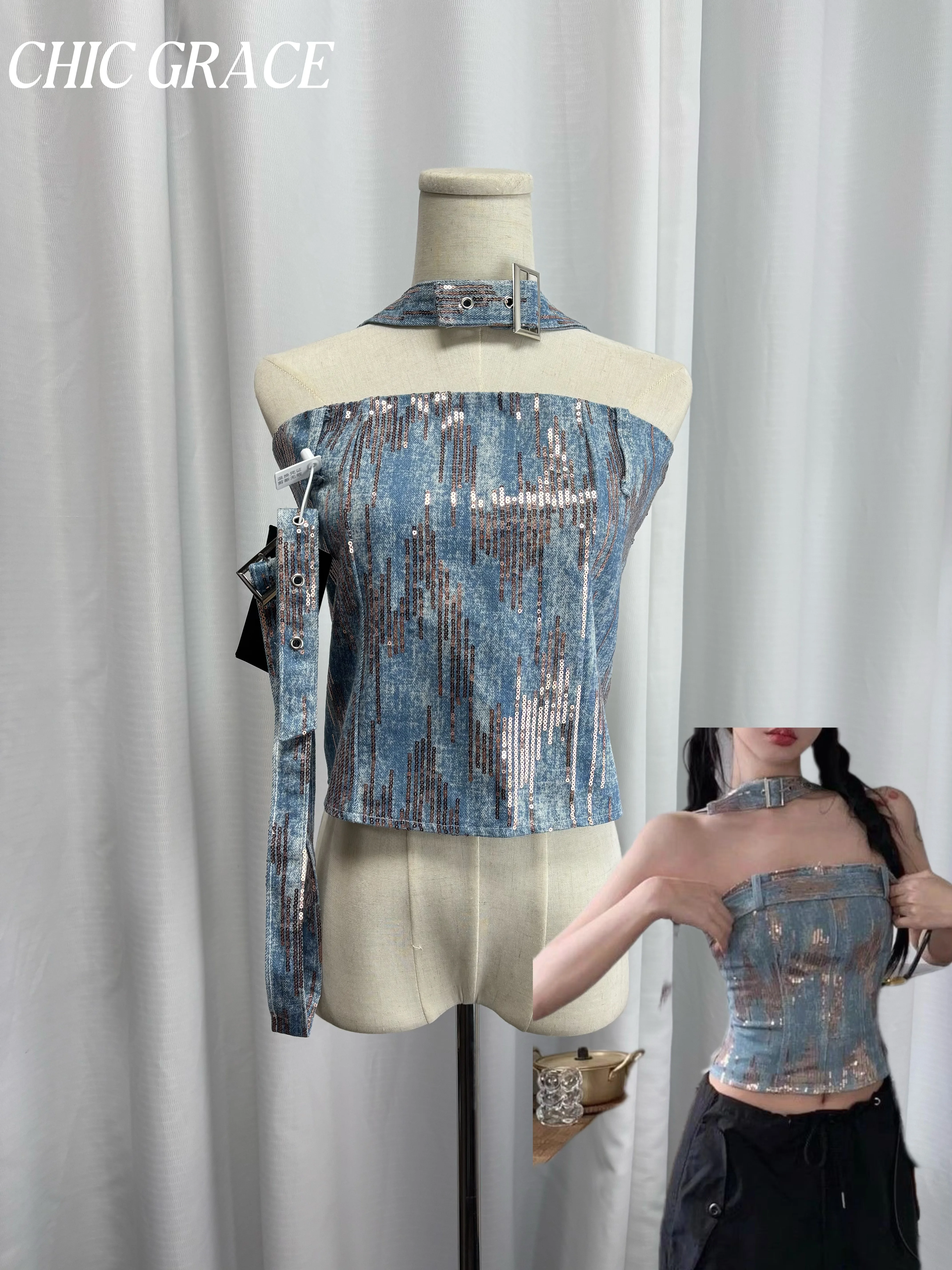 

American Retro Denim Bandeau Top Women Summer Halter Neck Off Shoulder Sequin Spice Girl Slim Fit Sexy Split Hem Mini Party Dres