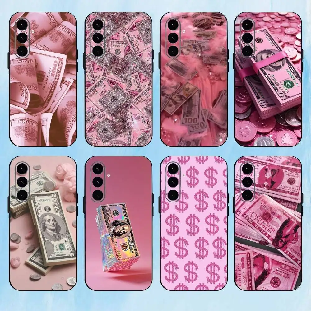 P-ピンクドル紙幣デザイン電話ケース、サムスンギャラクシーA73、A72、A71、A70、A53、A52、A51、その他用ソフトブラックカバー