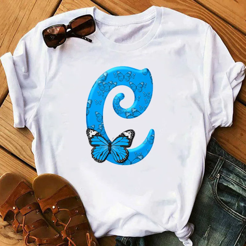 26 English Letters Butterfly Print T-shirt Short Sleeve Women Oversized T Shirt  Tops  Graphic T Shirts  Harajuku  Harajuku