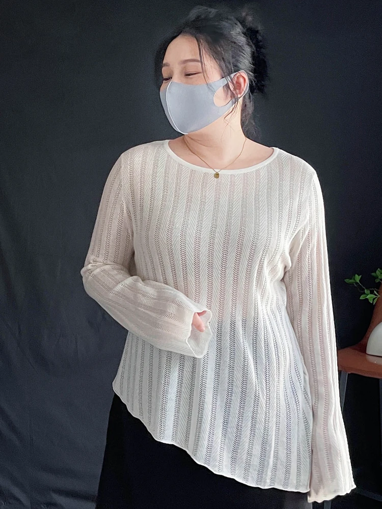 

Свободный вязаный топ больших размеров с длинными рукавами, красивая базовая кофта, скрывающая живот, идеально подходит для женщин больших размеров, для повседневной носки.