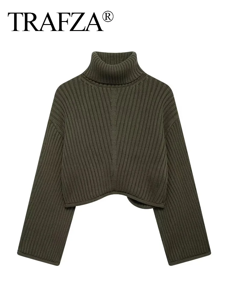 TRAFZA Autumn Women Fashion High-necked Sweater Long Sleeve Solid Green Knitted Pullover Female Elegant Ribbed Short Sweater