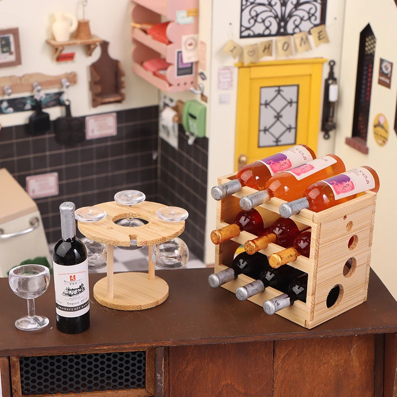 Casa de bonecas simulação em miniatura mini vinho tinto rack copo conjunto modelo móveis para casa decoração brinquedo casa boneca acessórios
