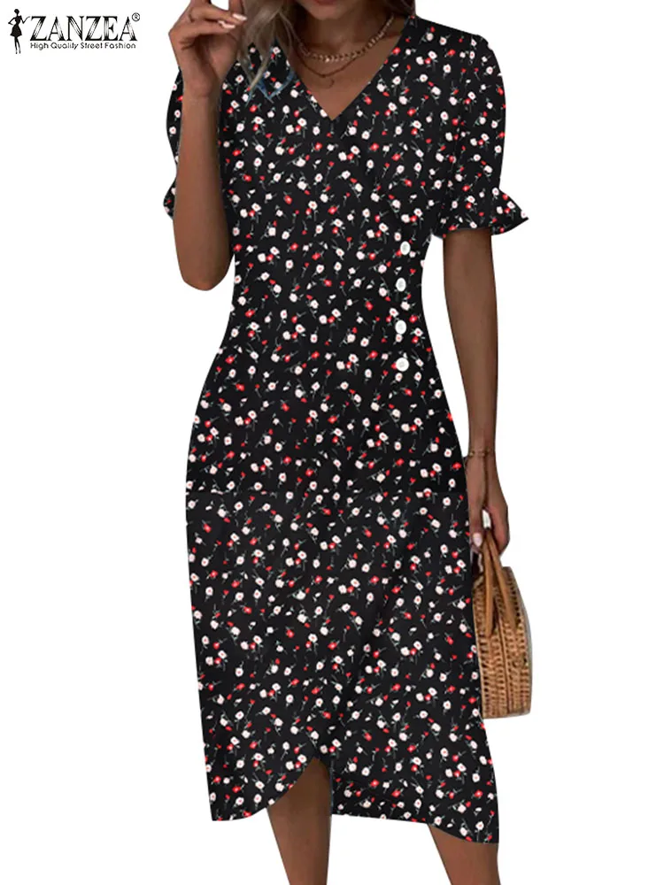 ZANZEA Floral Print 2024 Fashion Knee-length Vestidos Summer Flare Sleeve Wrap V Neck Women Sundress Slim Holiday Elegant Dress