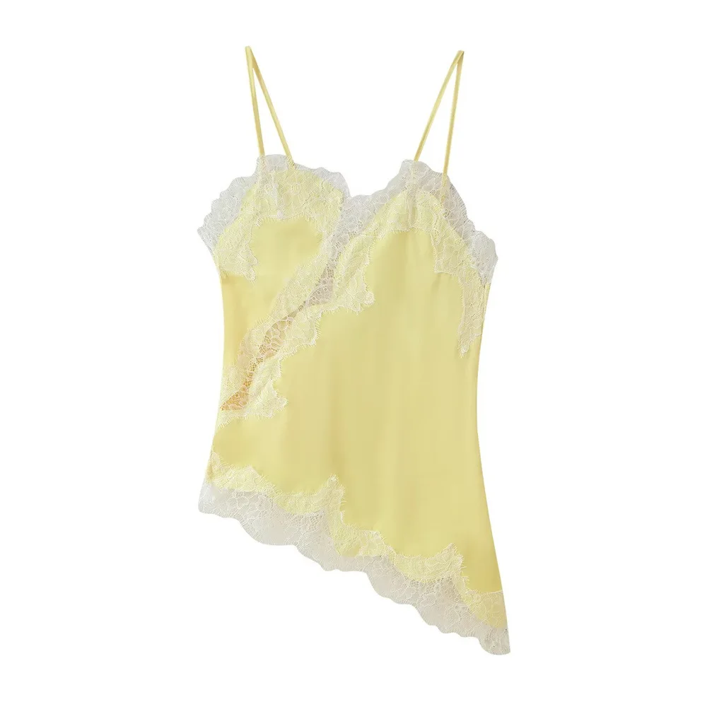 

Womens Sexy V-neck Backless Solid Color Fashion Asymmetric Hem Design Lady Lace Sleeveless Hollow Out Slip Evening Party Tops