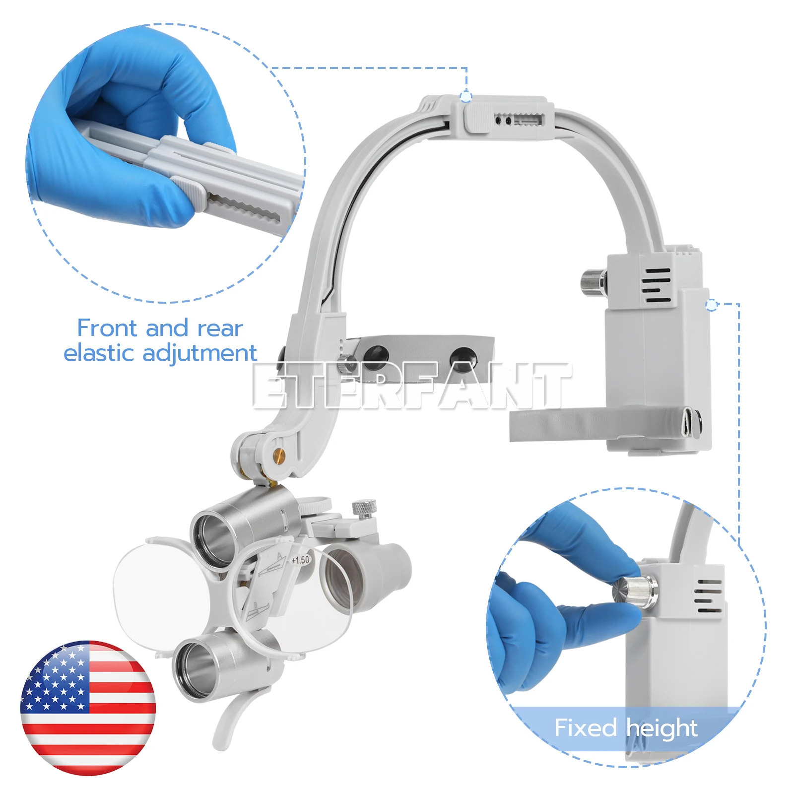 

ETERFANT 3.5X-420 mm Dental Surgical Headband Binocular Loupes with 5W LED Head Light 2 Leds Gray