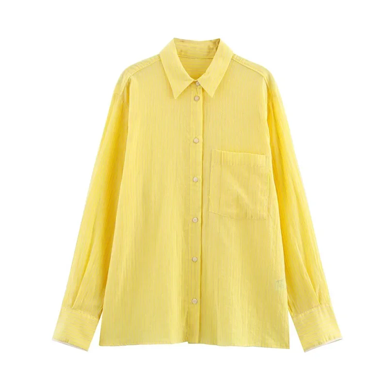 

Women's Shirt New Summer Yellow Striped Loose Long Sleeve Shirt Boyfriend Style Casual Fashion Personality Versatile