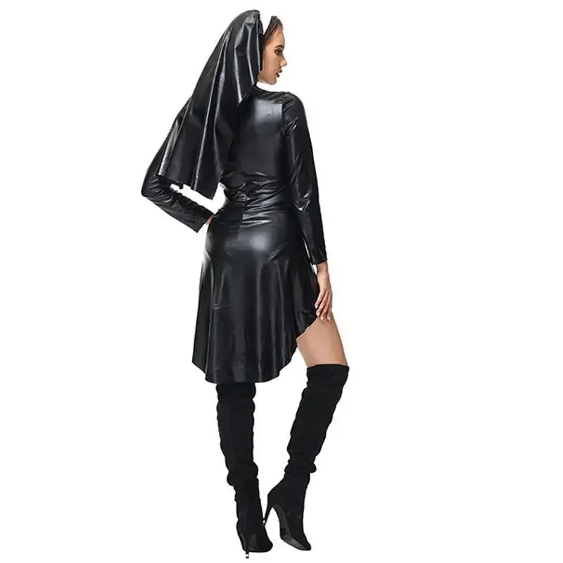 Aboutcos Vrouwen Saintachtige Verleidster Kostuum Faux Lederen Pvc Wetlook Nun Kostuum Halloween Cosplay Fancy Dress