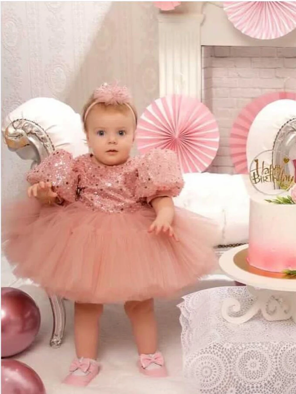 Vestido de una pieza para niña, conjunto de lentejuelas con mangas de burbujas, falda hinchada de hilo, vestido de boda para cumpleaños