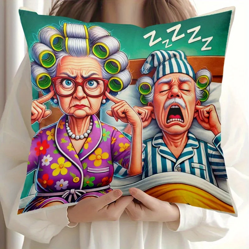 1pc Funny Elderly Couple Snoring Print Throw Pillow Cover,Suitable for Sofa,Bedroom,Living Room,A Humorous Gift for Seniors