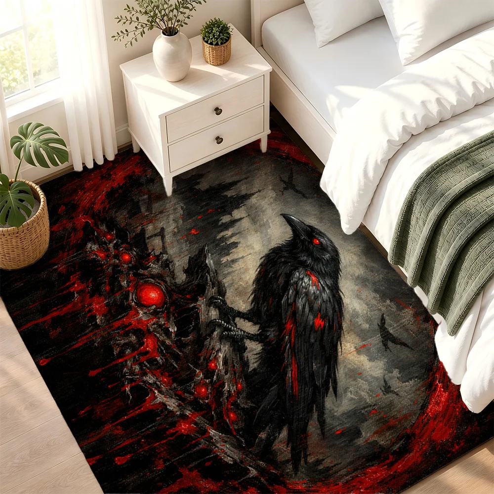 1pc Gothic Area Rug for Living Room & Bedroom, Dark Gothic Raven & Blood Red Pattern, Non-Slip Backing, Soft & Machine Washable