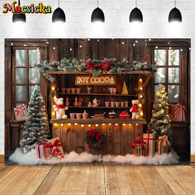 Mocsicka Christmas Hot Cocoa Tree Backdrop Kids Baby Photography Props Child Adult Photocall Xmas Wreath Decors Store Background