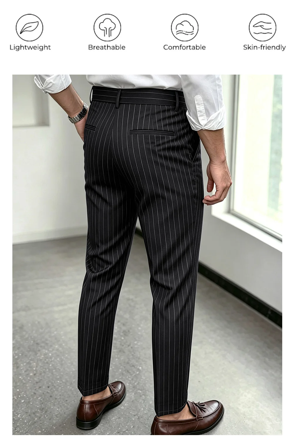 Sommer- und Ganzjahres-Herrenhose mit Streifenmuster, verstellbare Taille, Taschen, taillierter Schnitt, Business-Casual-Arbeitshose – Detail 5